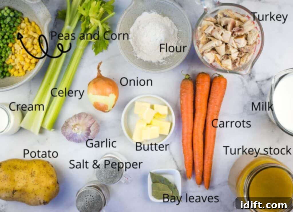 A selection of fresh ingredients including turkey, vegetables, and dairy products, neatly arranged for making Turkey Pot Pie Soup.