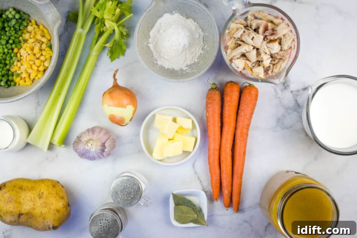 Ingredients laid out for making turkey pot pie soup.