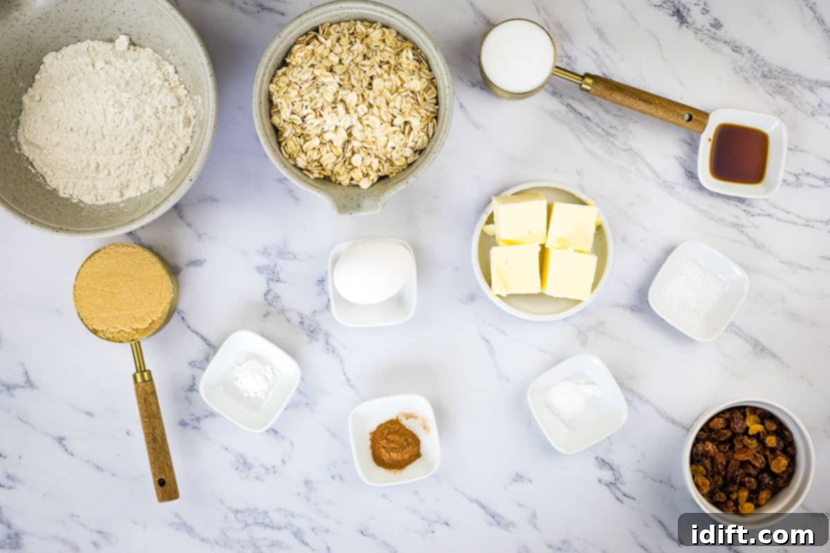 Ingredients to make air fryer oatmeal raisin cookies.