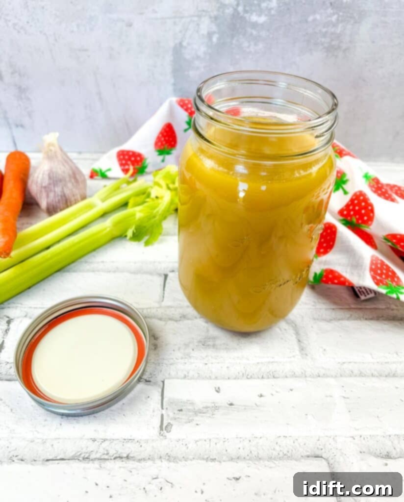 Rich, golden Instant Precision Dutch Oven Turkey stock in a clear glass jar, ready for use in delicious recipes.