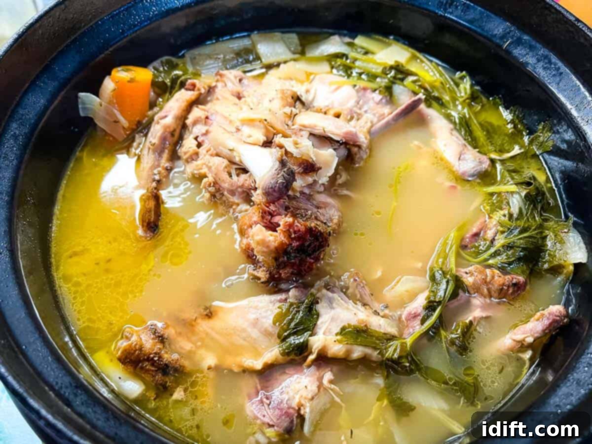 Turkey stock simmering gently in the Instant Precision Dutch Oven after 2 hours 30 minutes of cooking.