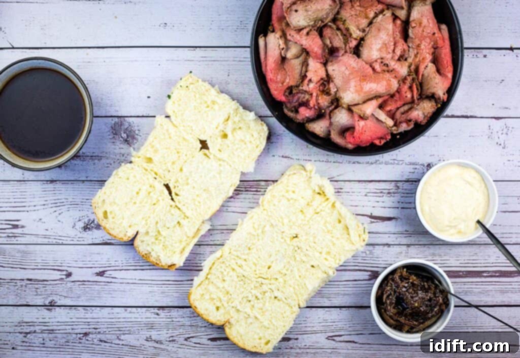 Smoked French Dip Sliders ready to assemble.