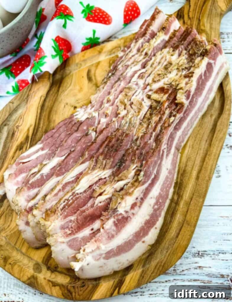Homemade bacon sliced on a cutting board, showcasing its rich color and texture.