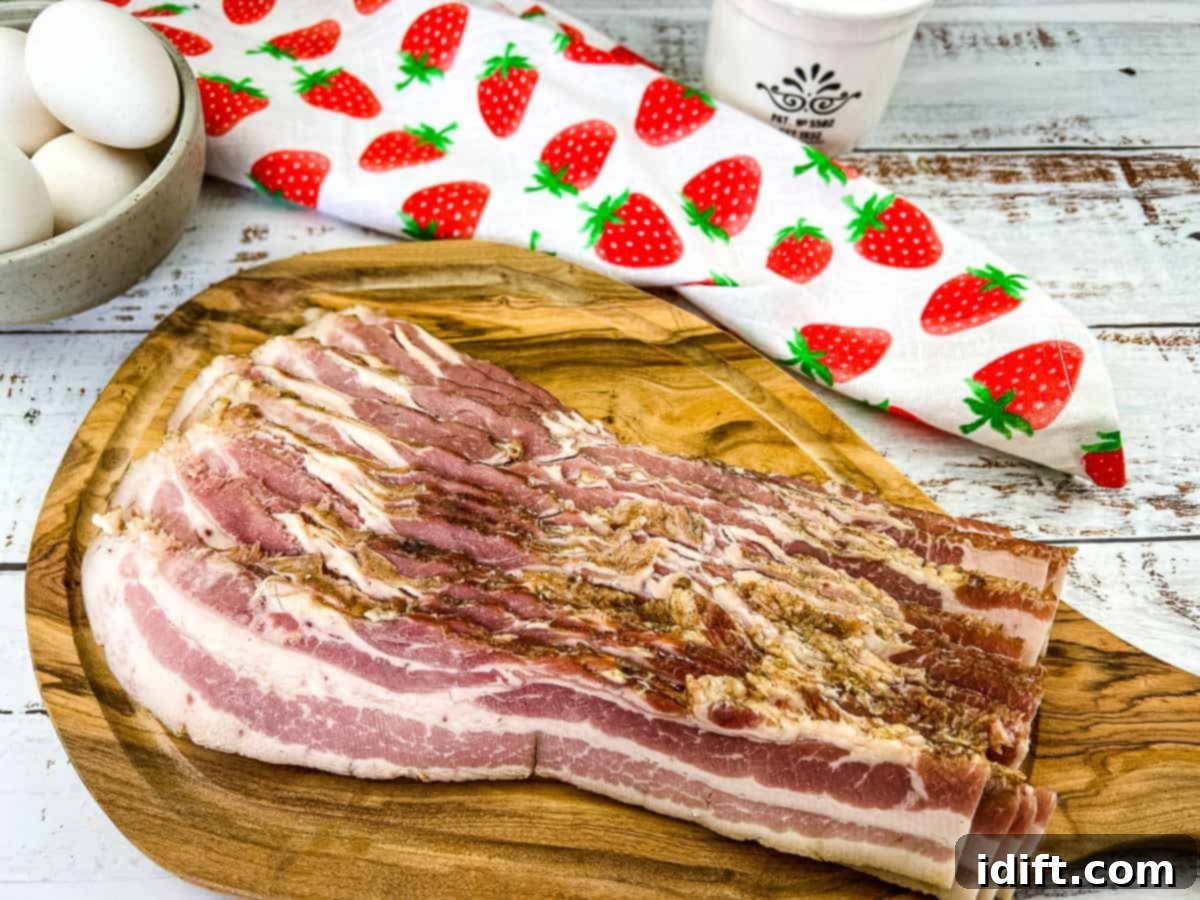 Perfectly sliced homemade bacon on a cutting board, ready to eat.