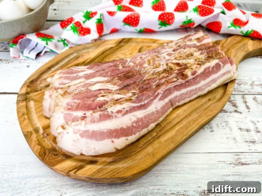 Homemade sliced bacon on a cutting board, showing crispy edges and lean meat.