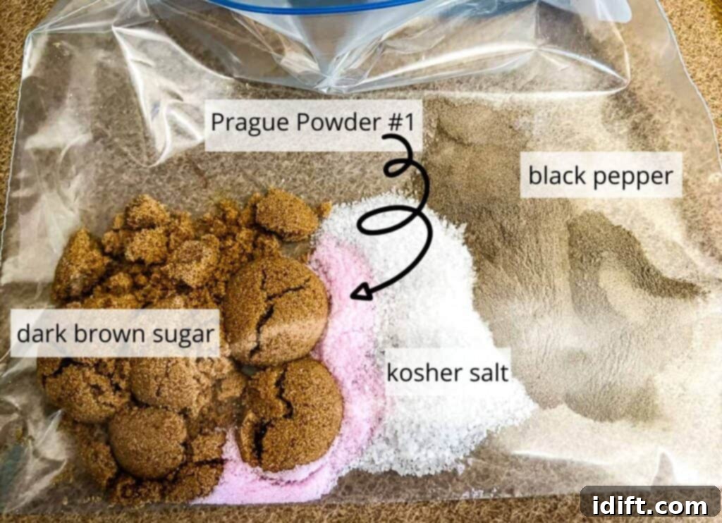 Homemade bacon ingredients in a bag, labeled for clarity.