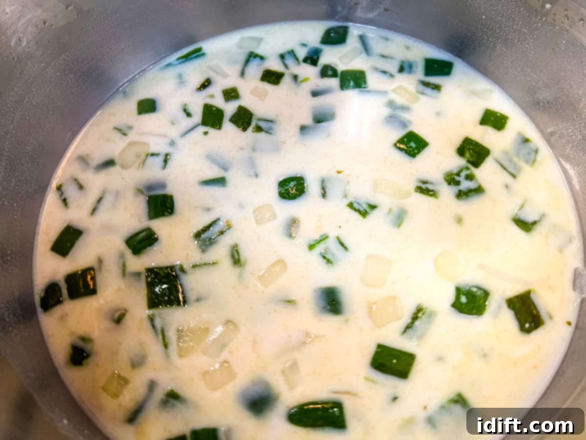 Jalapeno Velvet Warmth 8 The soup simmering gently in the pot after chicken broth and milk have been whisked in, blending flavors.