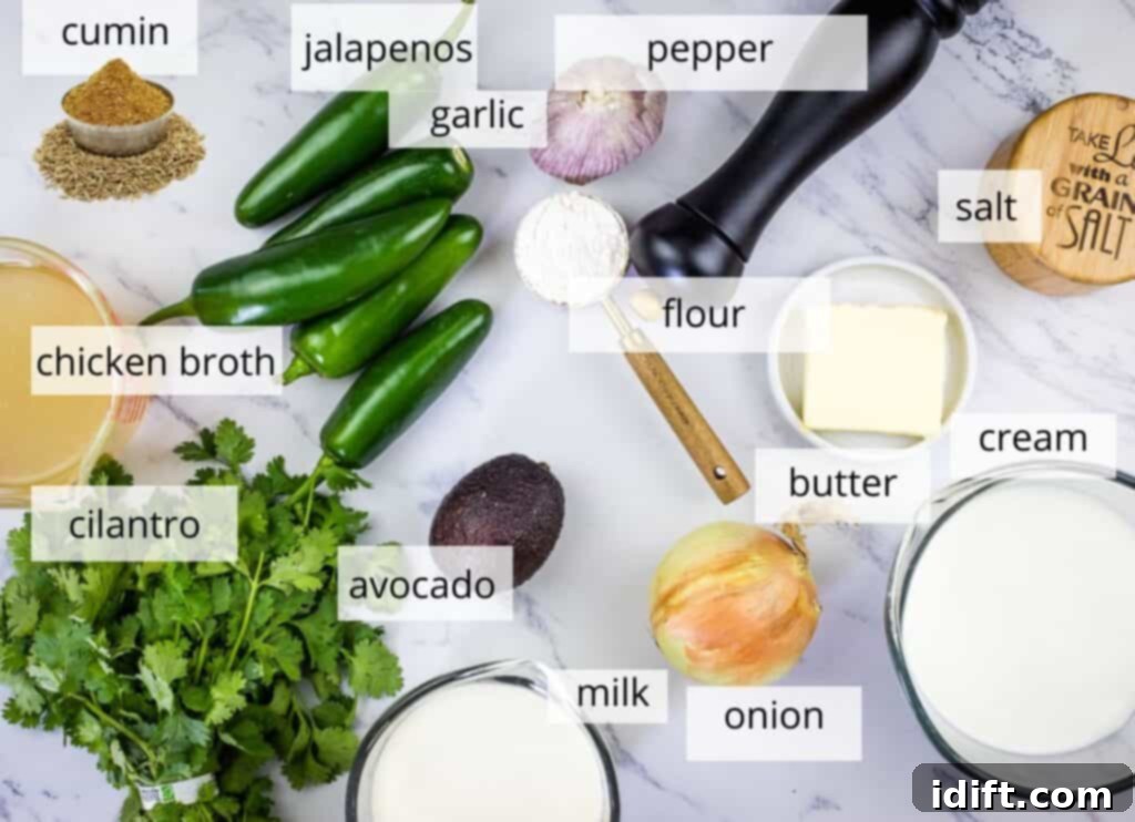 Jalapeno Velvet Warmth 4 Cream of Jalapeno soup ingredients carefully laid out and labeled on a rustic wooden surface, highlighting freshness and preparation.
