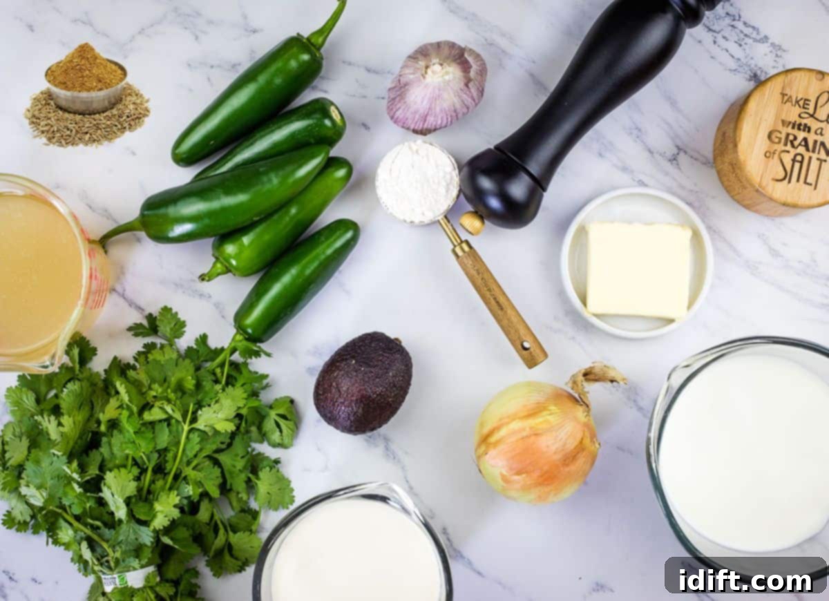 Jalapeno Velvet Warmth 5 All the fresh ingredients required to make Cream of Jalapeno Soup, neatly arranged for preparation.