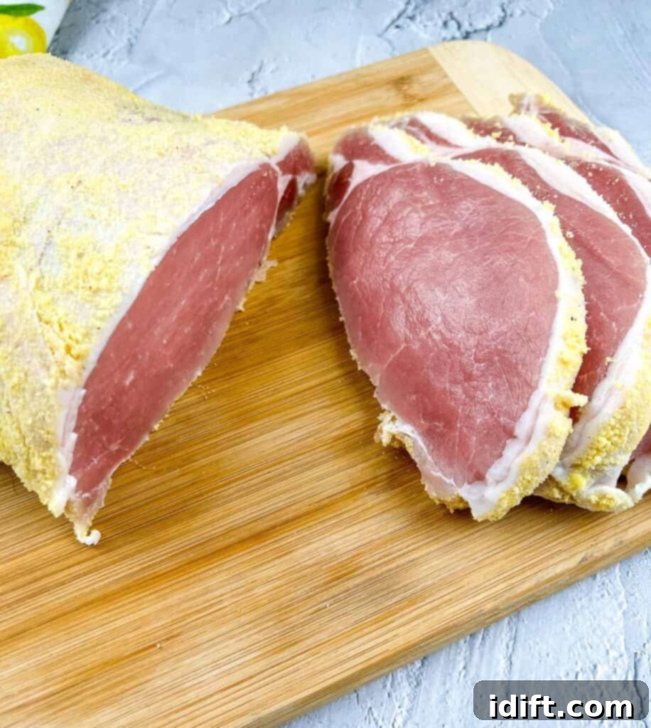 Cured and sliced raw peameal bacon on a cutting board.