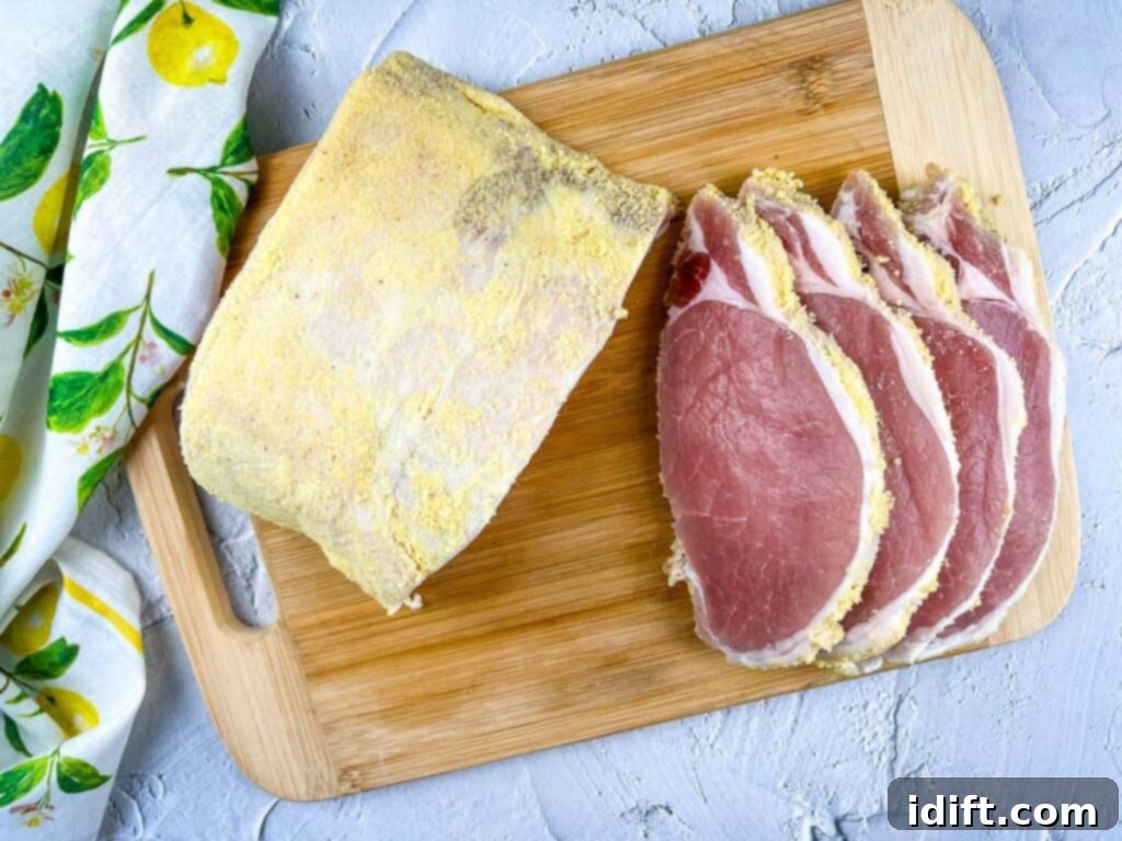 A top-down shot of raw sliced peameal bacon on a cutting board.
