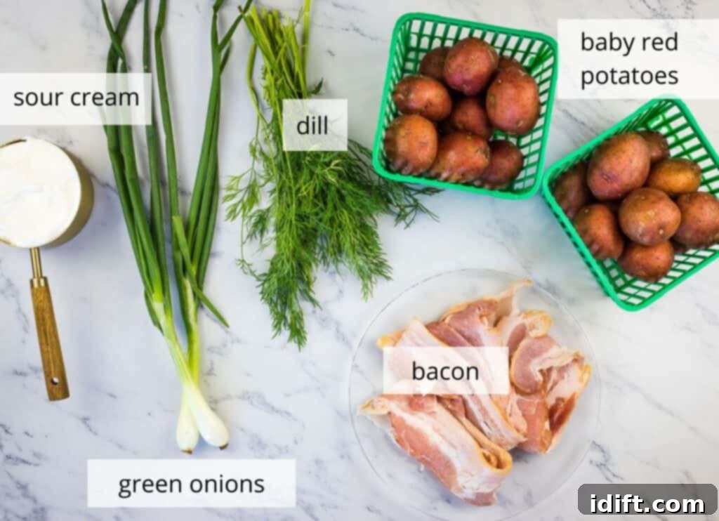 Labeled ingredients to make Potatoes with Sour Cream and Bacon.