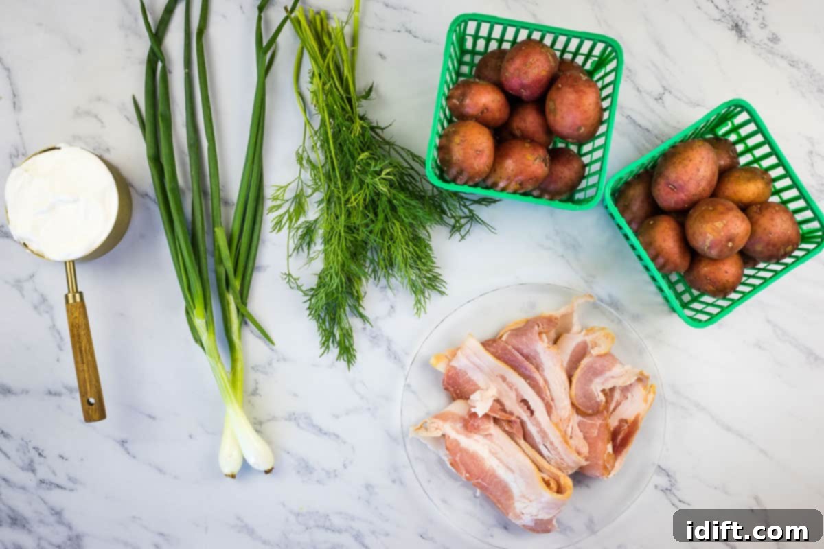 Ingredients to make Potatoes with Sour Cream and Bacon.