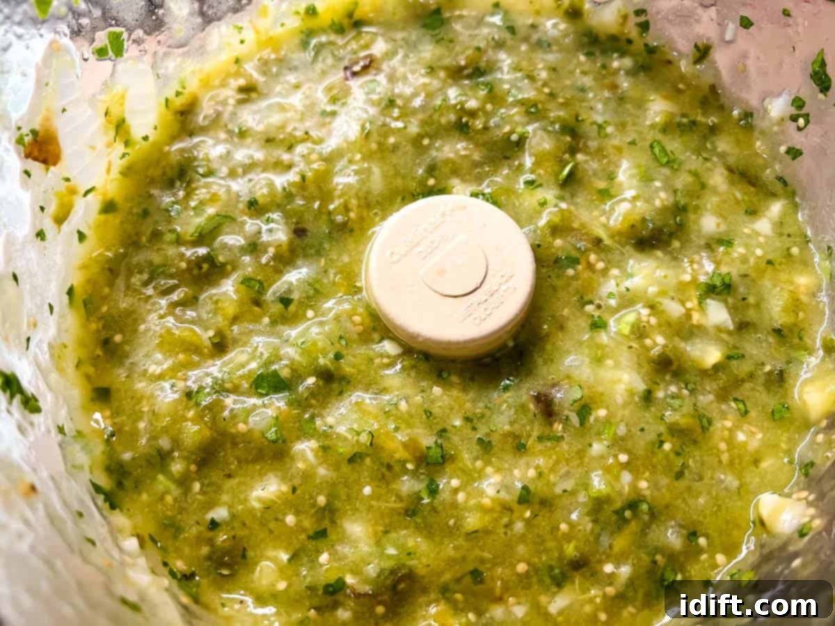 Tomatillo sauce pulsed until smooth.