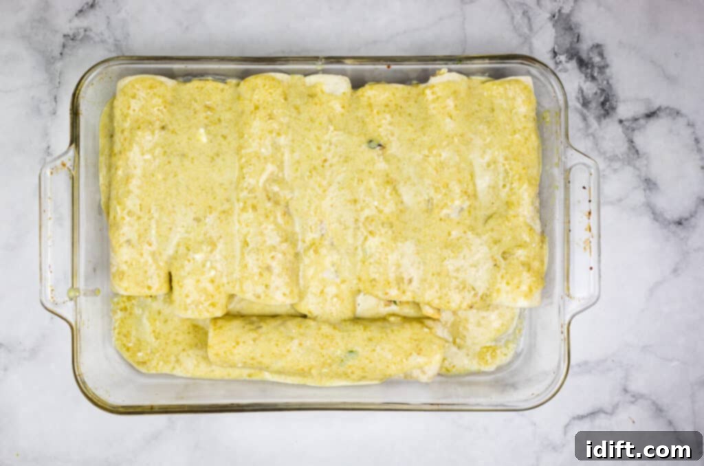 Smoked chicken enchiladas in a casserole dish topped with sauce.