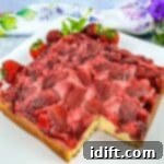 Finished Strawberry Upside Down Cake with a slice cut out of it.