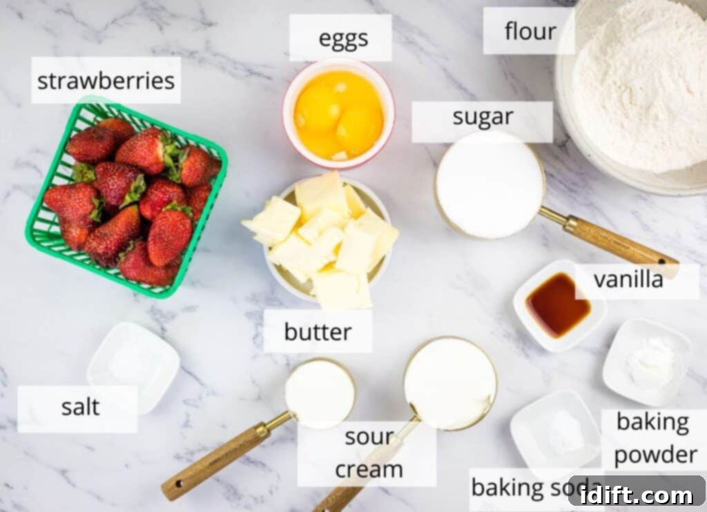 Labeled ingredients to make Strawberry Upside Down Cake.