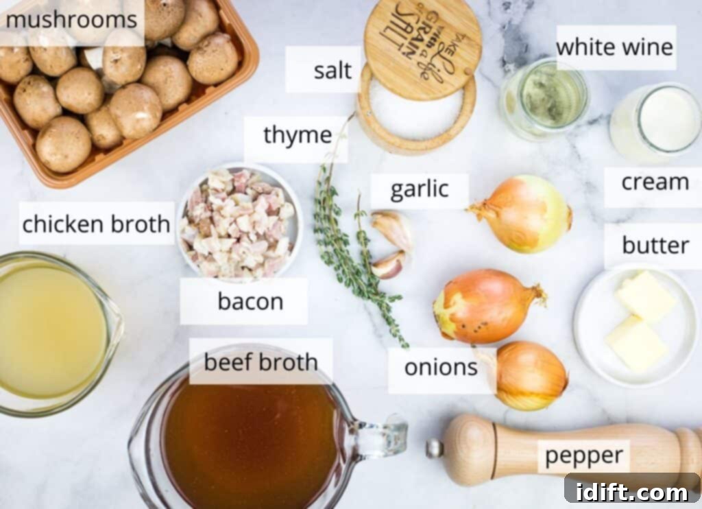 Sweet Caramelized Onion and Umami Mushroom Soup 4 Carefully labeled ingredients laid out on a clean surface, ready to be transformed into a delicious Caramelized Onion & Mushroom Soup.