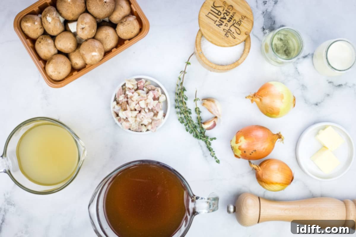 Sweet Caramelized Onion and Umami Mushroom Soup 6 All the fresh ingredients assembled: butter, sliced onions, cremini mushrooms, garlic, wine, broths, thyme, bacon, salt, and pepper, ready for cooking.