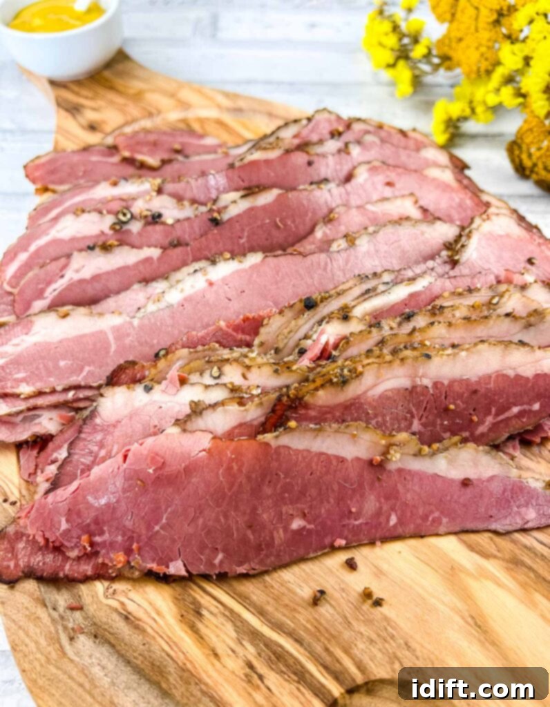 Crafting Montreal Smoked Meat at Home 2 Thinly sliced homemade Montreal Smoked Meat piled high on a cutting board, showcasing its vibrant color and juicy texture.