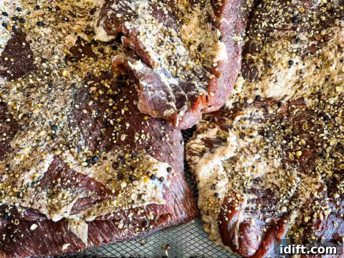 Crafting Montreal Smoked Meat at Home 11 Brisket rubbed with the final spice blend, ready to be placed in the smoker.