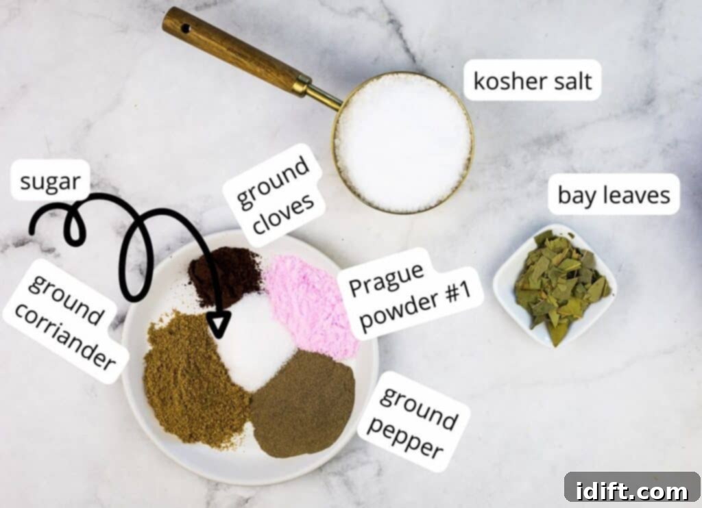 Crafting Montreal Smoked Meat at Home 4 Various spices and a cut of brisket laid out as ingredients for Montreal Smoked Meat.