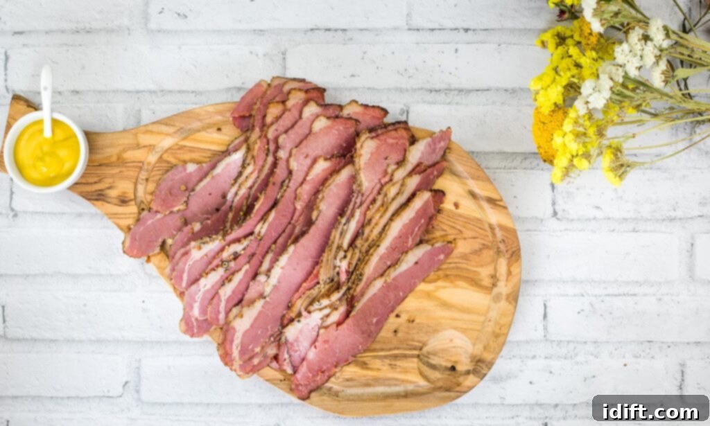 Crafting Montreal Smoked Meat at Home 5 A top-down shot of freshly sliced, finished Montreal Smoked Meat on a wooden cutting board.