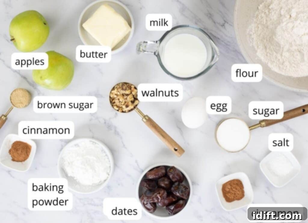 Wholesome Apple Date Walnut Muffins 4 Carefully labeled ingredients laid out on a kitchen counter, ready to be mixed for the Apple, Date, and Walnut Muffins.