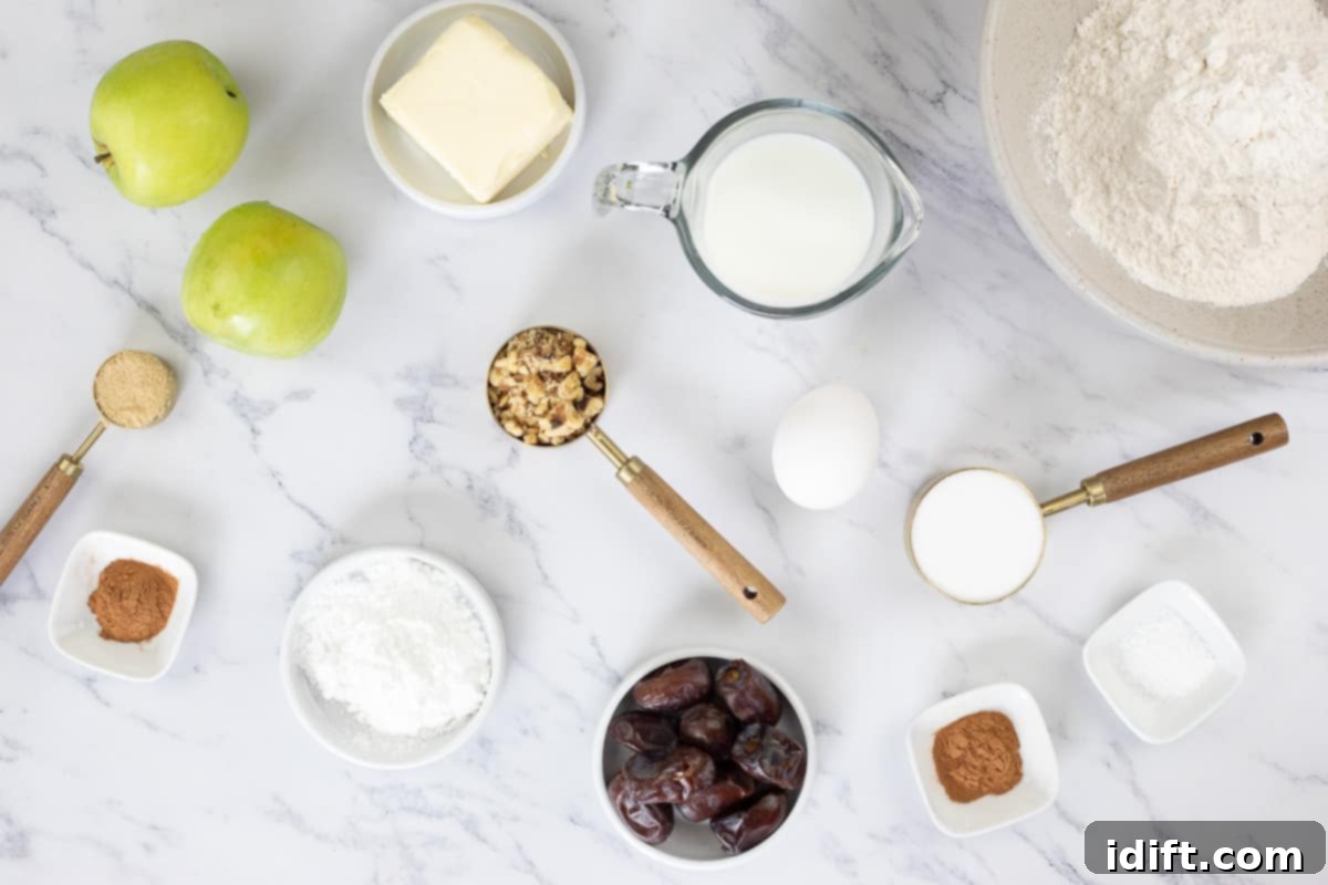 Wholesome Apple Date Walnut Muffins 5 All ingredients precisely measured and ready on the counter to make Apple, Date, and Walnut Muffins.