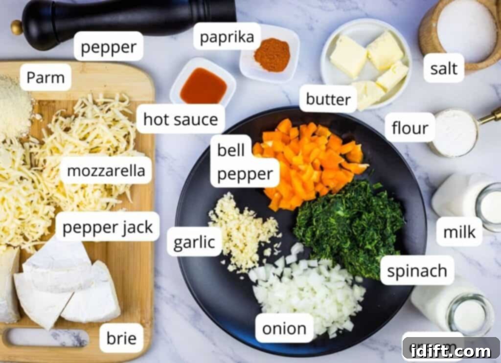 Labeled ingredients to make Spinach Brie Dip.
