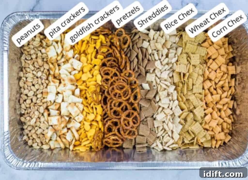 An image of labeled dry ingredients to make Smoked Chex Mix recipe.