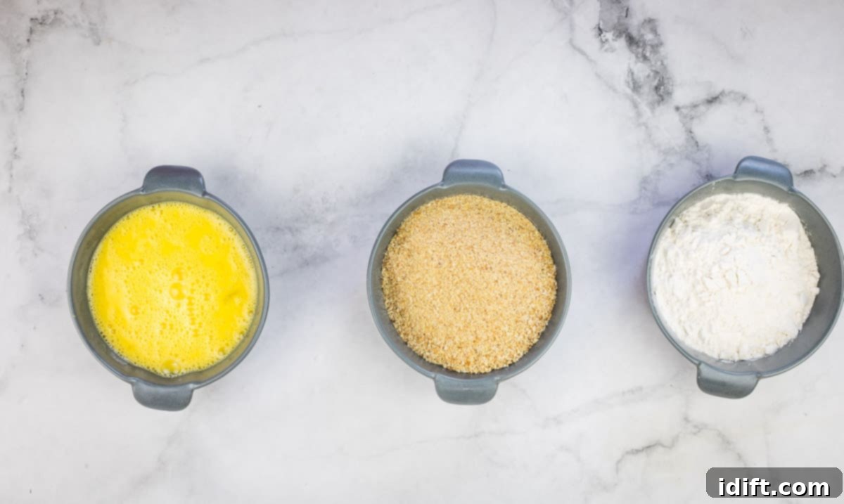 Savory Kraut Poppers 12 Flour, egg, and breadcrumbs in separate bowls.