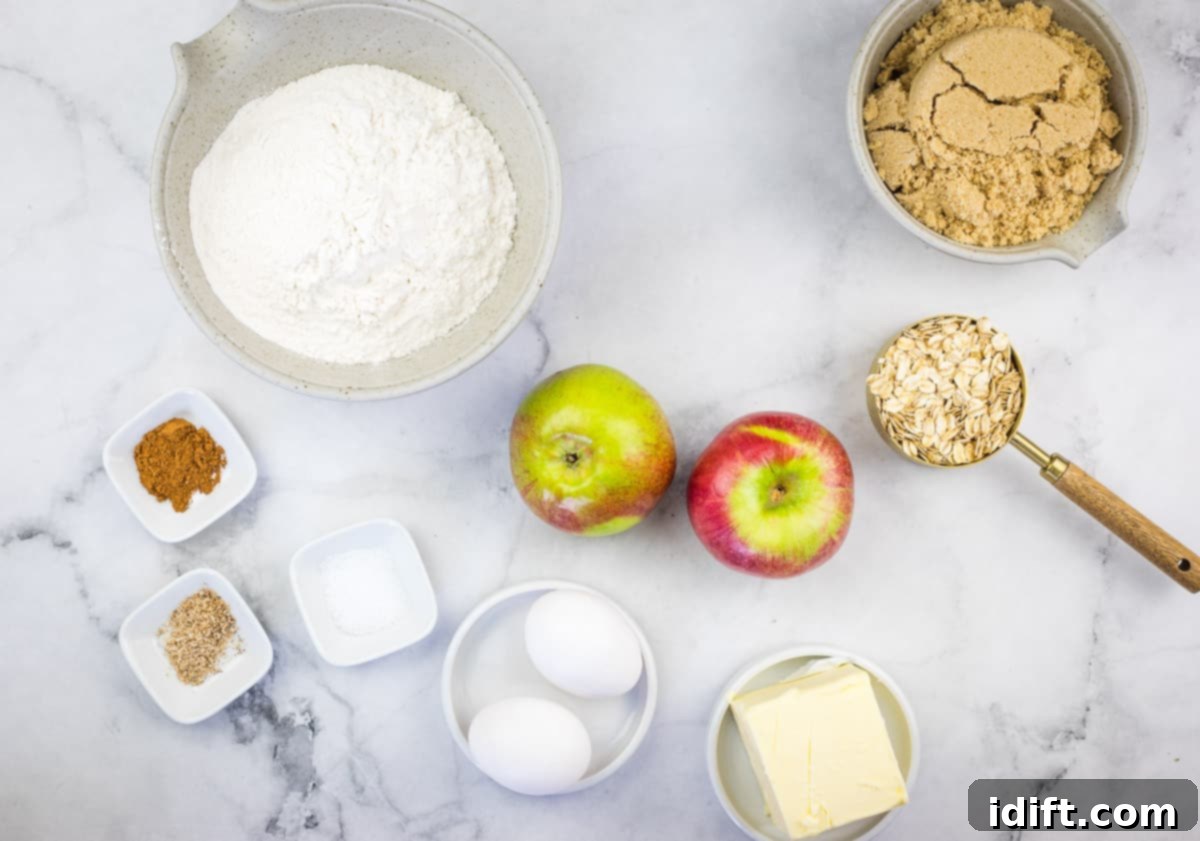 All the necessary ingredients laid out for making Brown Butter Apple Blondies.