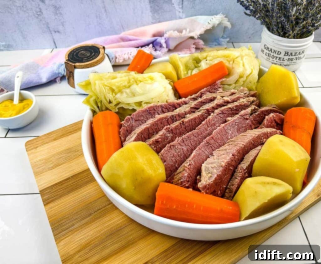 Traditional corned beef dinner with potatoes, carrots and cabbage.