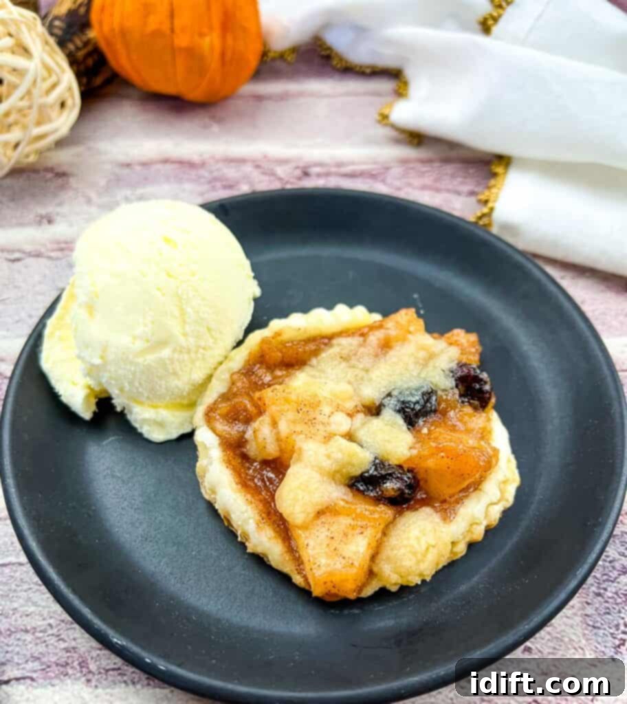 A golden-brown apple-cranberry puff pastry tart on a black plate, perfectly baked and served with a scoop of vanilla ice cream, ready to be enjoyed.