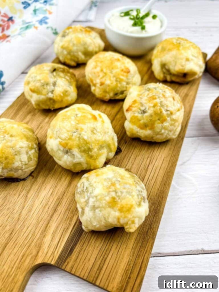 Beef wellington bites on a wooden board. 