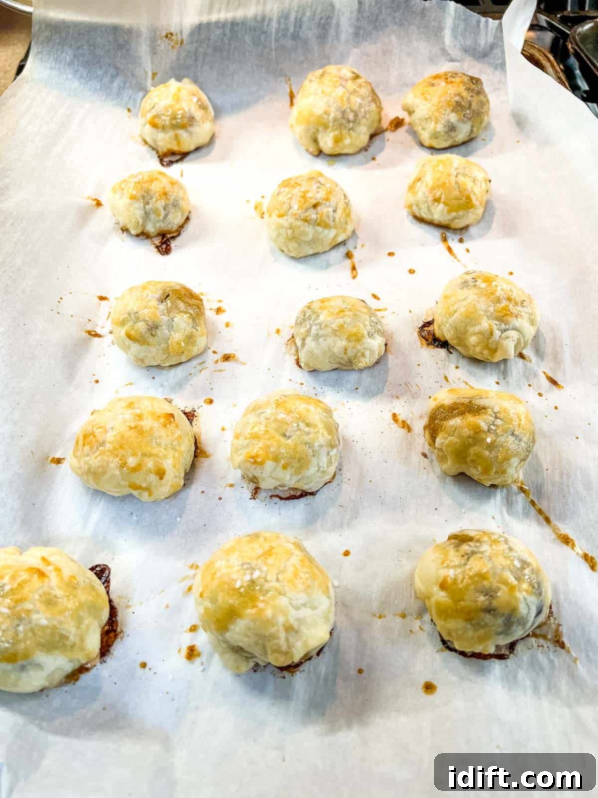 Baked Beef Wellington Bites on the baking sheet.