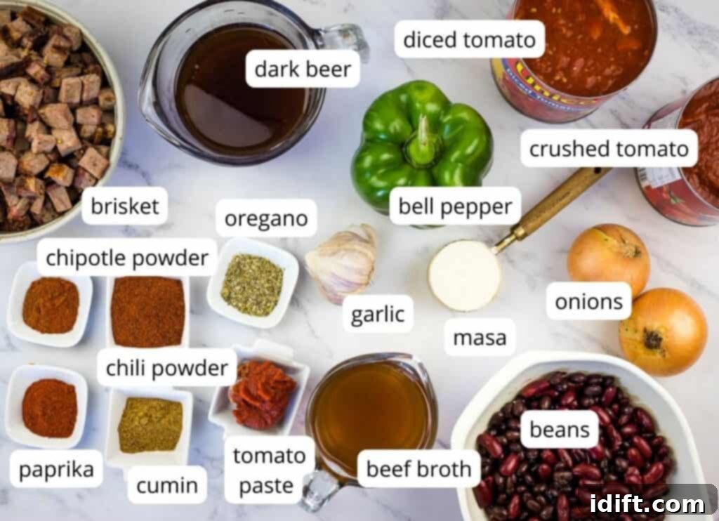 Labeled ingredients to make Smoked Brisket Chili.