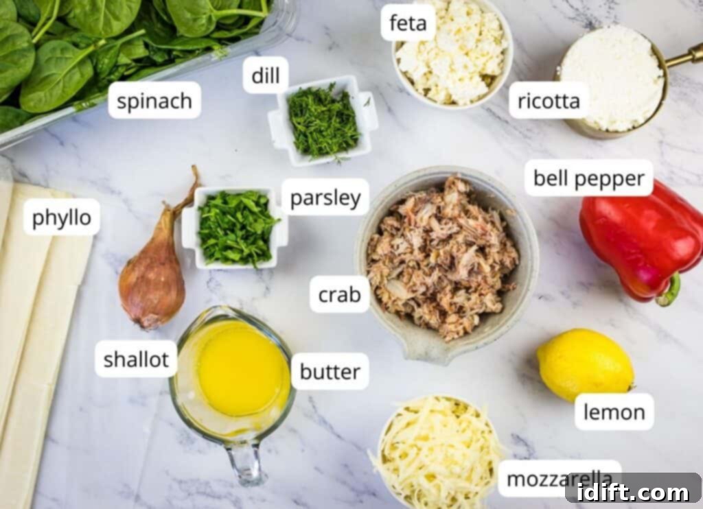 Labeled ingredients to make Crab Spanakopita.