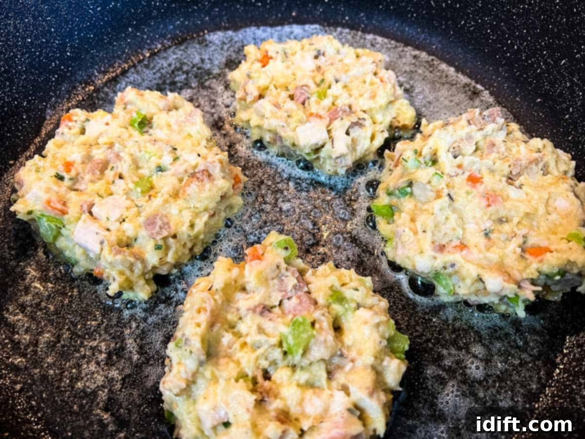 The Heart of Thanksgiving Dinner 10 The balls pressed into patties in a skillet.