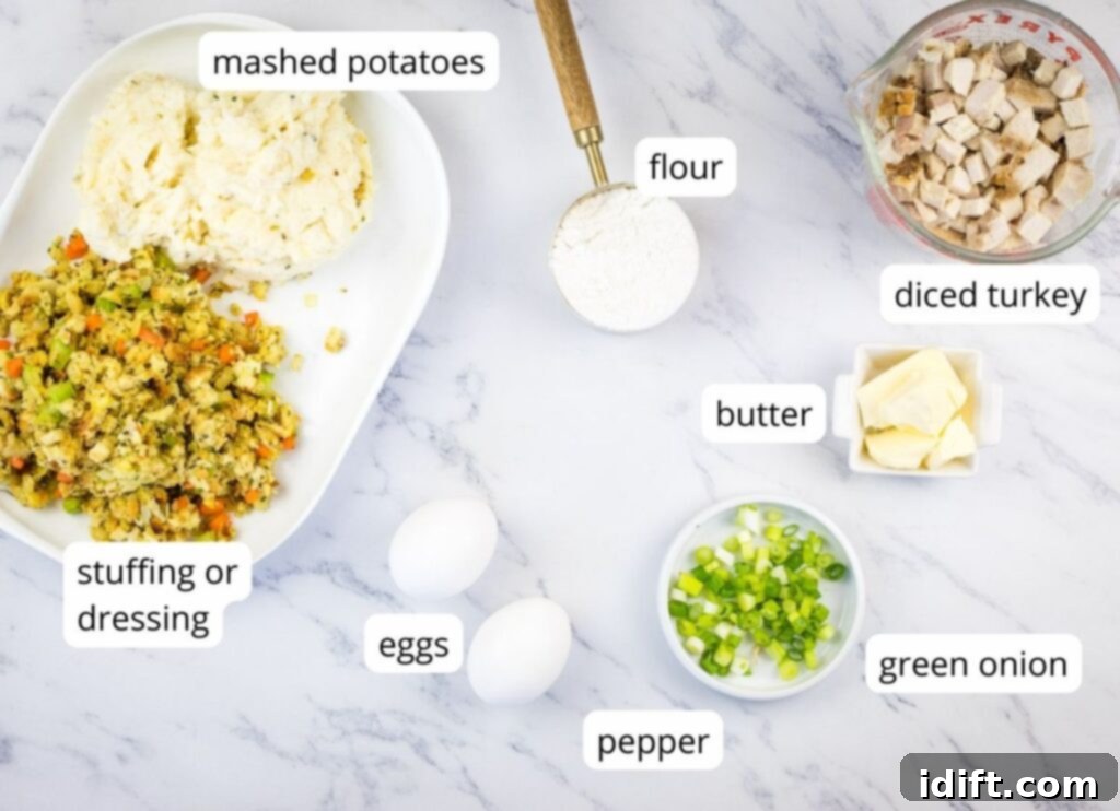 The Heart of Thanksgiving Dinner 4 Labeled ingredients to make Thanksgiving Stuffing, Turkey, and Mashed Potato Patties.