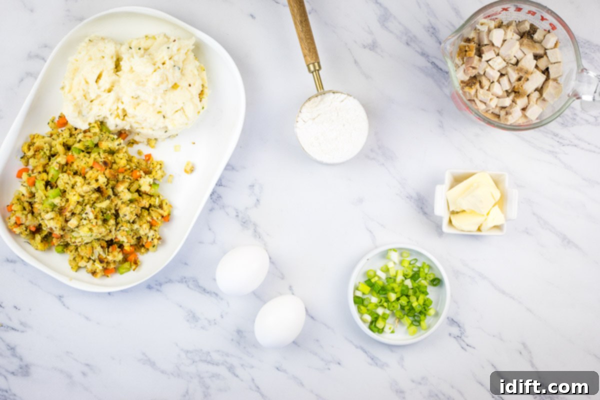 The Heart of Thanksgiving Dinner 5 Ingredients to make Thanksgiving Stuffing, Turkey and Mashed Potato Patties.