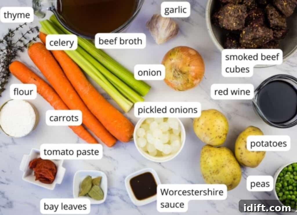 Hearty Smokehouse Beef Stew 4 Clearly labeled ingredients meticulously arranged for making Smoked Beef Stew, highlighting freshness and quality.