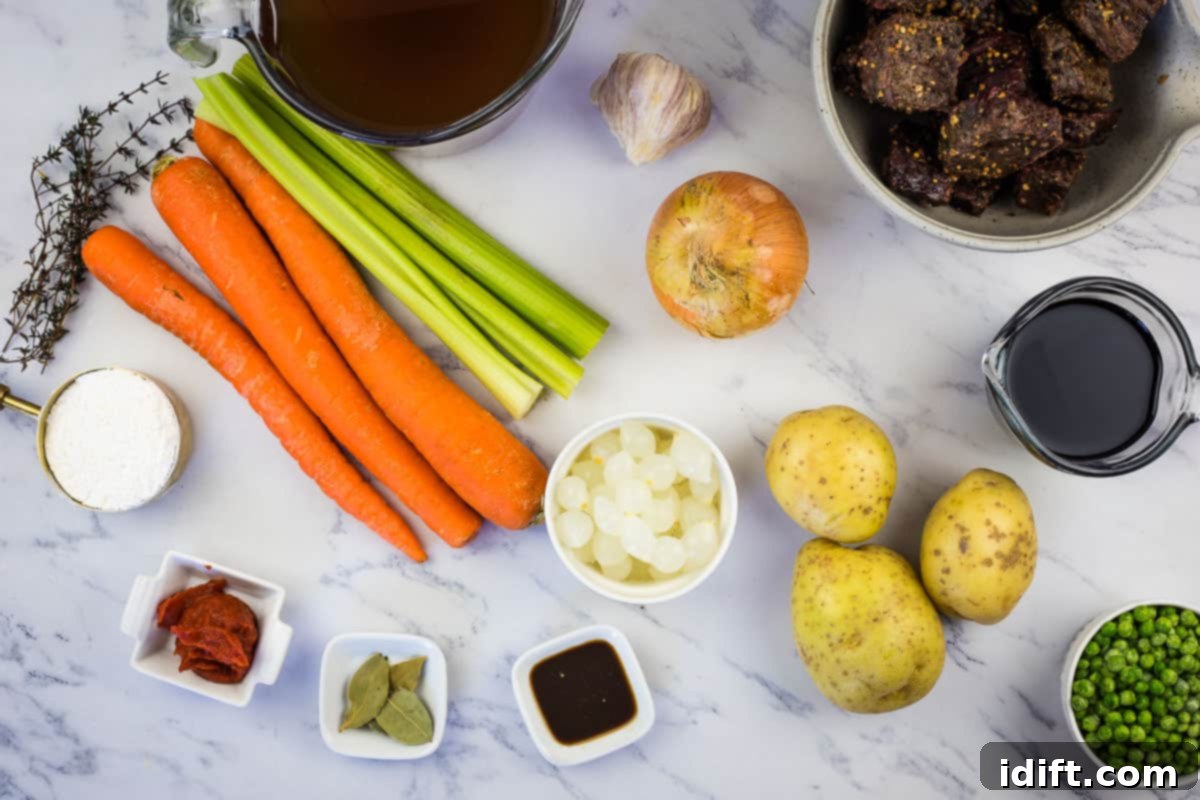 Hearty Smokehouse Beef Stew 6 A vibrant collection of fresh ingredients laid out on a cutting board, ready to be transformed into Smoked Beef Stew.