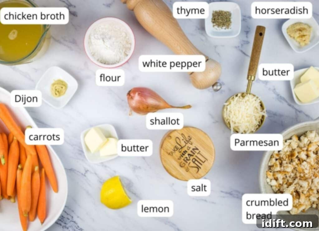 Fiery Crumb Carrot Bake 5 All the fresh ingredients for Carrots Au Gratin, neatly labeled and arranged on a counter.