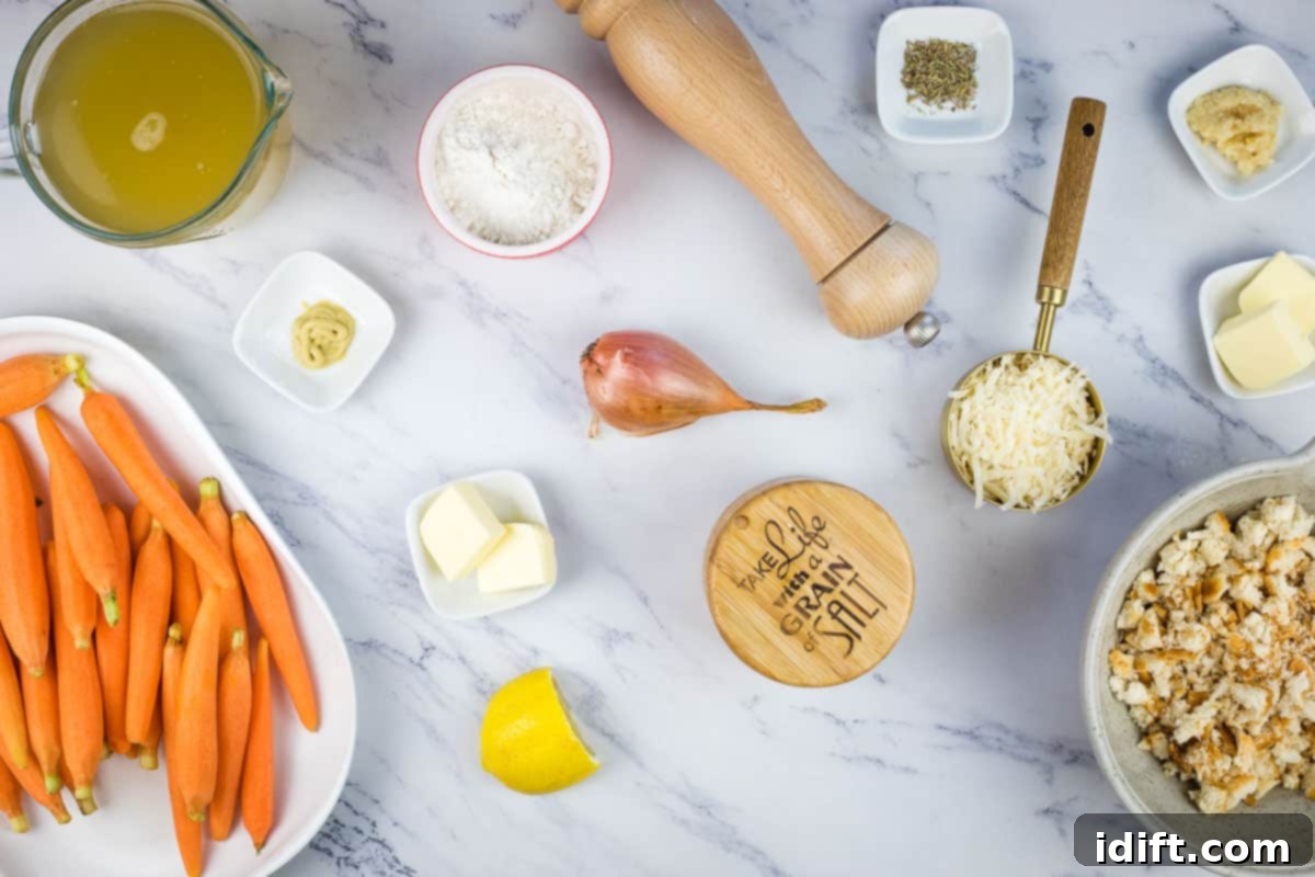 Fiery Breadcrumb Carrot Gratin 6 All the ingredients for Carrots au Gratin laid out, including fresh carrots, butter, shallot, flour, broth, lemon, Dijon, bread, Parmesan, horseradish, and thyme.