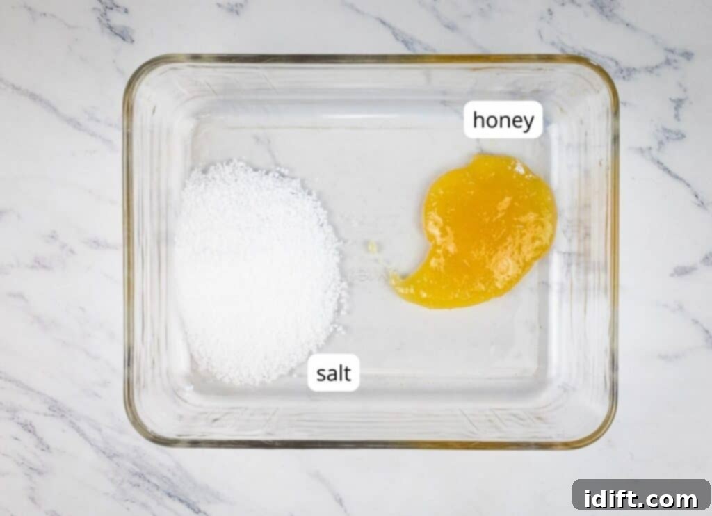 Honey and salt in a dish ready for the brine.