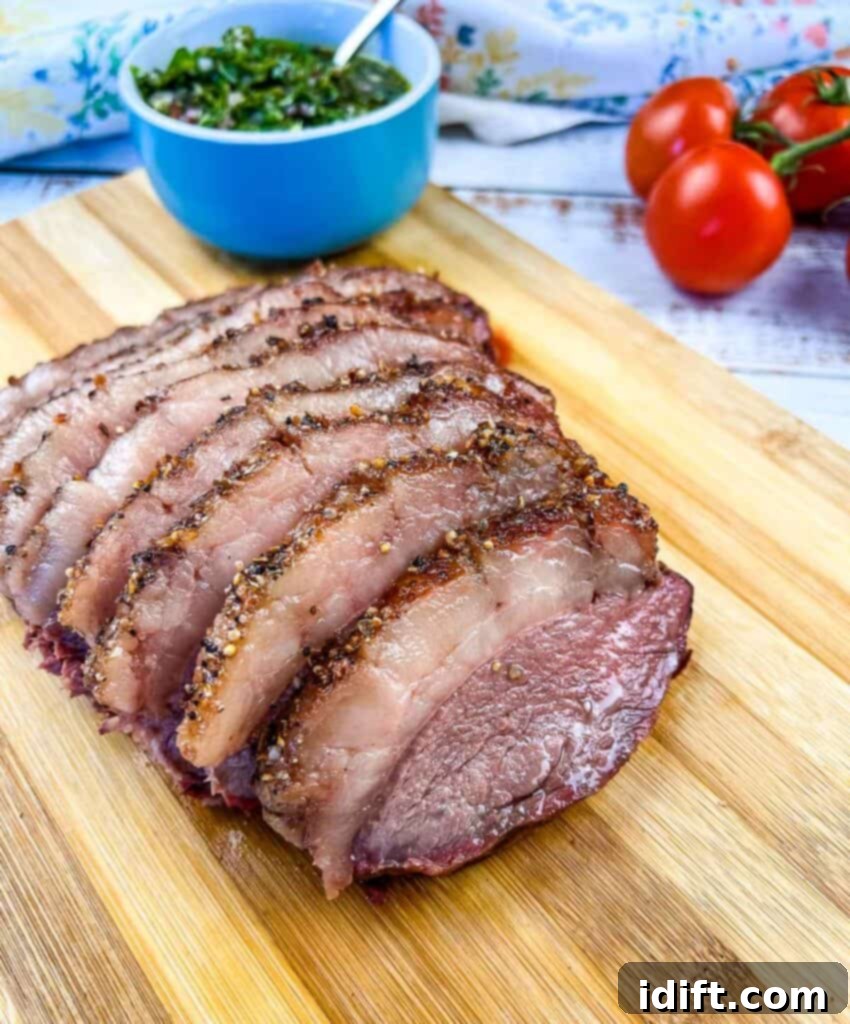 Perfectly Smoked Picanha 2 Smoked picanha sliced on a cutting board, showcasing its juicy, pink interior and perfectly rendered fat cap.