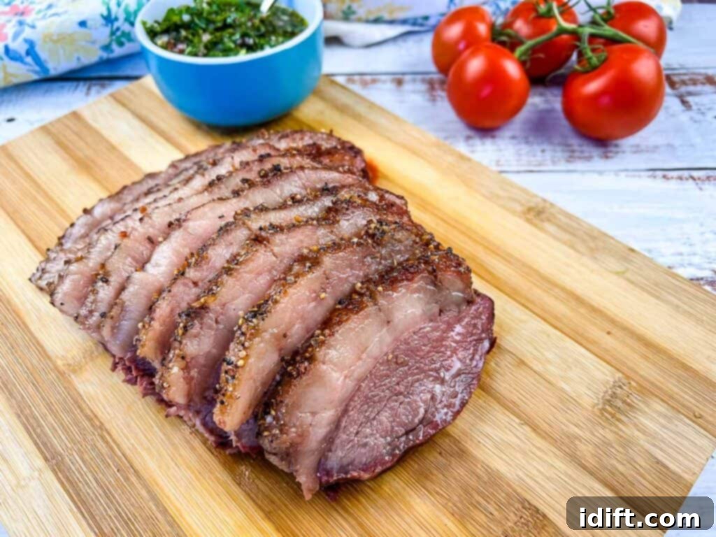 Perfectly Smoked Picanha 5 Sliced picanha roast on a cutting board, ready to be enjoyed.