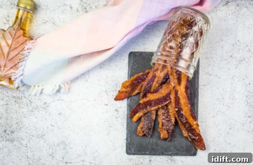 Millionaire's Bacon 4 Smoked candied bacon on a black plate.